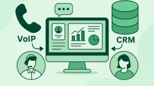 Integração VoIP e CRM com ilustração de painel digital em tons de verde
